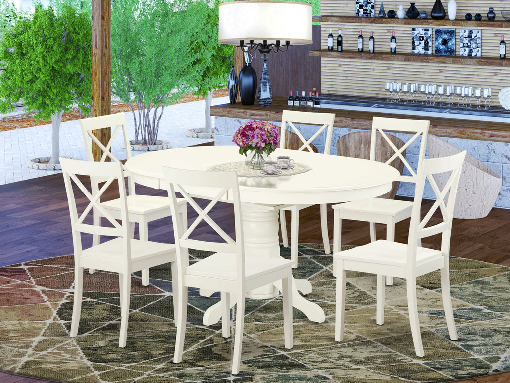 AVBO7-79K-1 Oval Table Set with Expandable Leaf and Six Chairs, 42x60, Linen White Finish