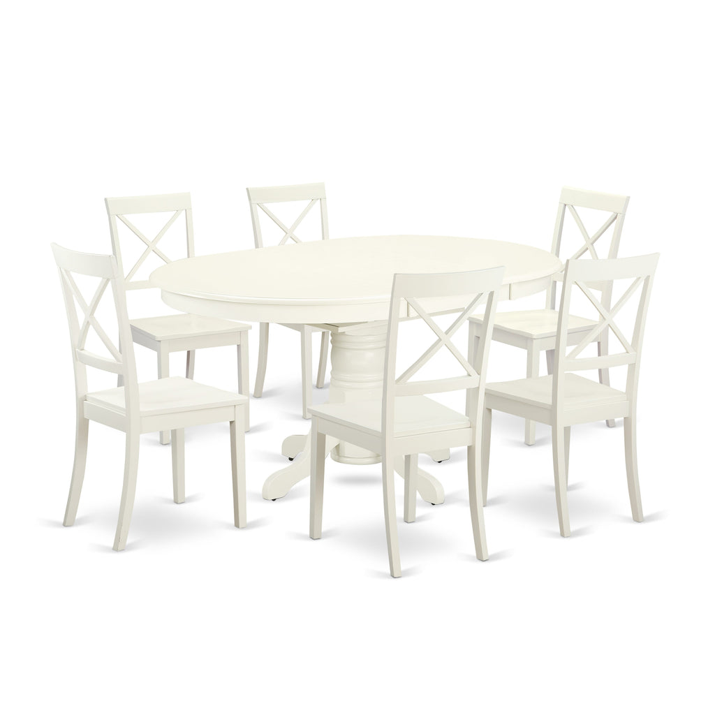 AVBO7-79K-1 Oval Table Set with Expandable Leaf and Six Chairs, 42x60, Linen White Finish