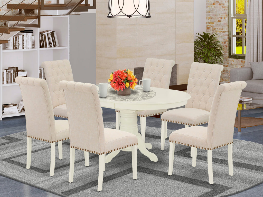 AVBR7-V6P-9L 7 Pc Dining Ensemble with Oval Table and Extension Leaf, Plus 6 Luxe Beige Upholstered Seats, White Finish