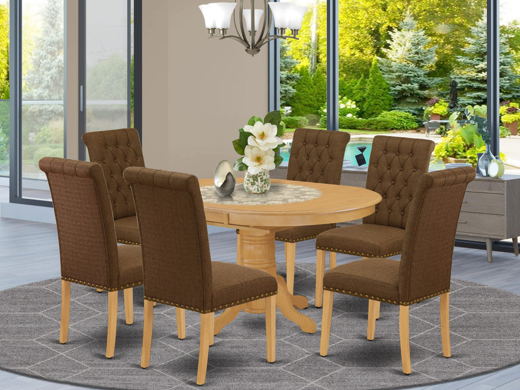 AVBR7-XC8-19 Elegant 7-Piece Dining Set Includes Oval Expandable Table & 6 Linen Parsons Chairs, Oak Finish