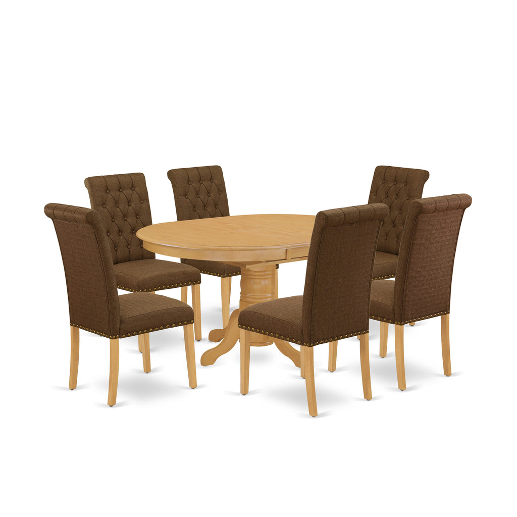 AVBR7-XC8-19 Elegant 7-Piece Dining Set Includes Oval Expandable Table & 6 Linen Parsons Chairs, Oak Finish