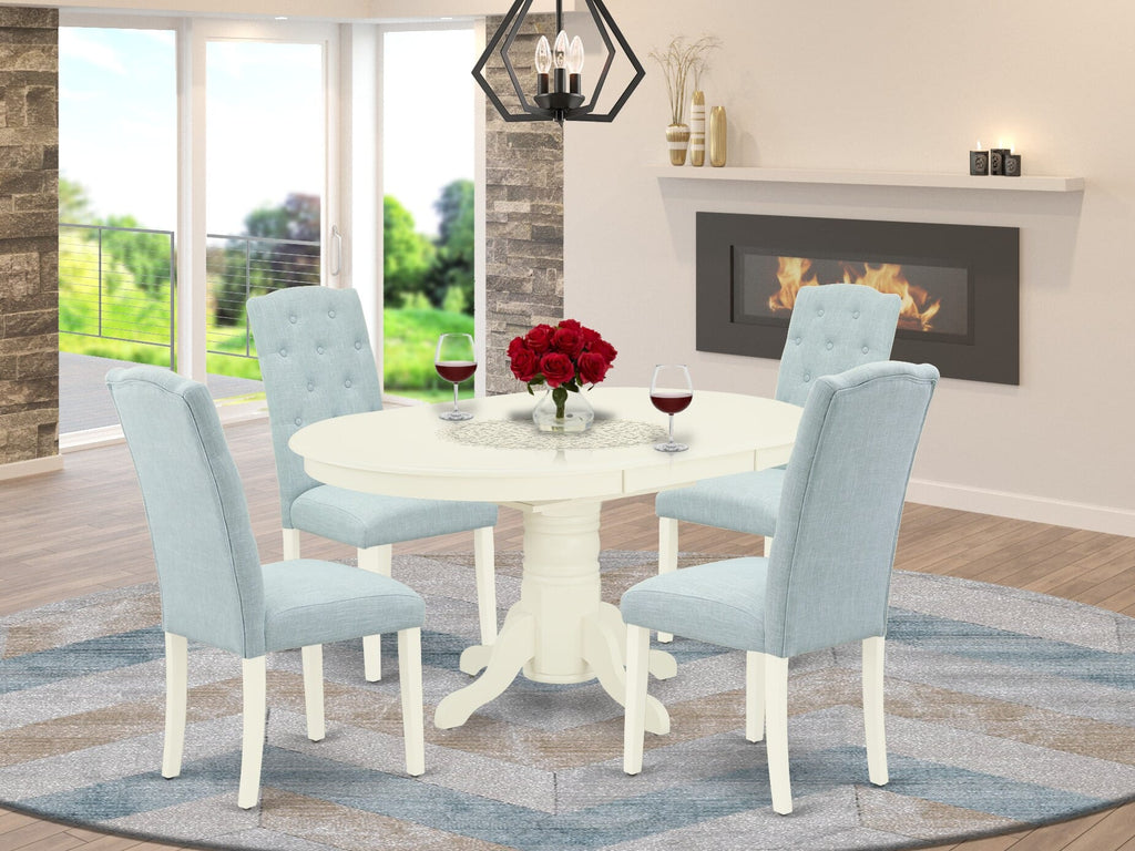AVCE5-3UR-C1 5-Piece Set Rotund Dining Table w/Expansion Leaf & 4 Sky Blue Chairs, 42x60, White Finish