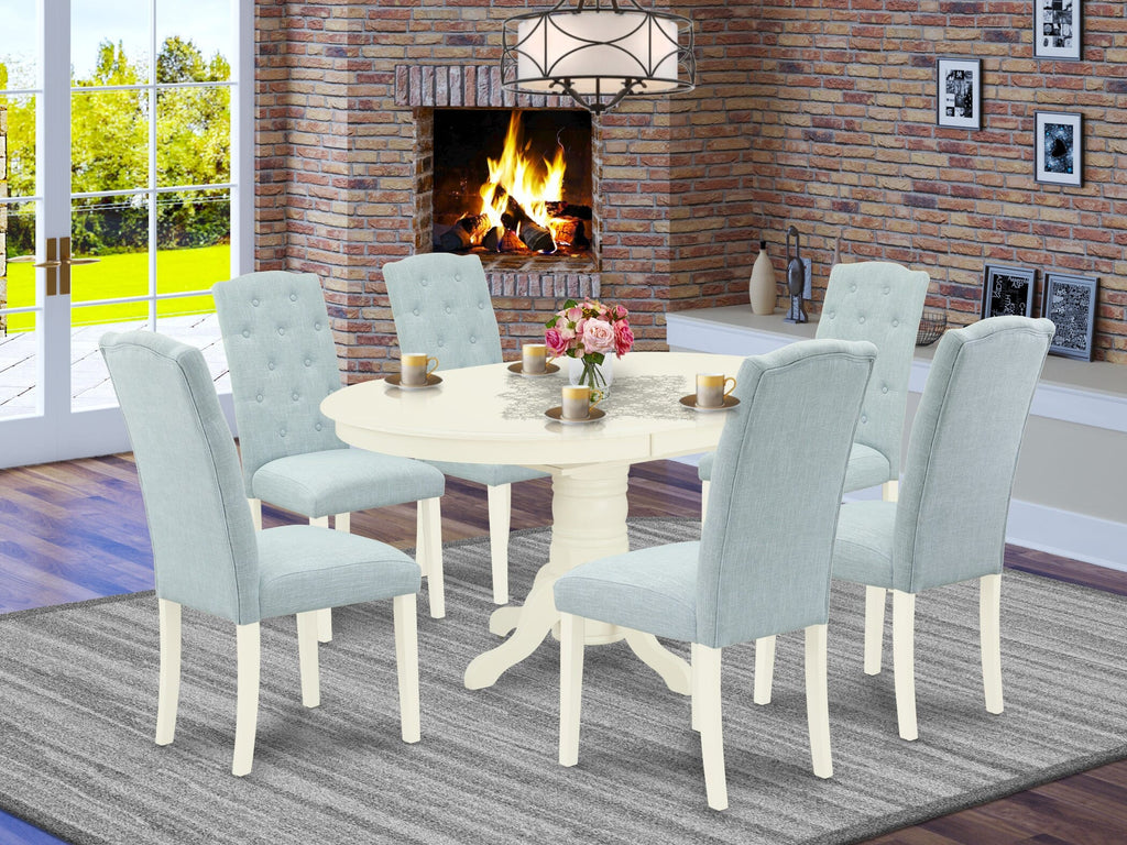 AVCE7-8JZ-08 Deluxe 7-Piece Dining Set with Oval Extendable Table and Baby Blue Linen Seats