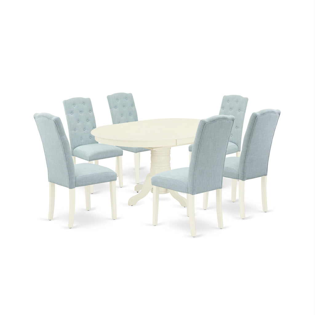 AVCE7-8JZ-08 Deluxe 7-Piece Dining Set with Oval Extendable Table and Baby Blue Linen Seats