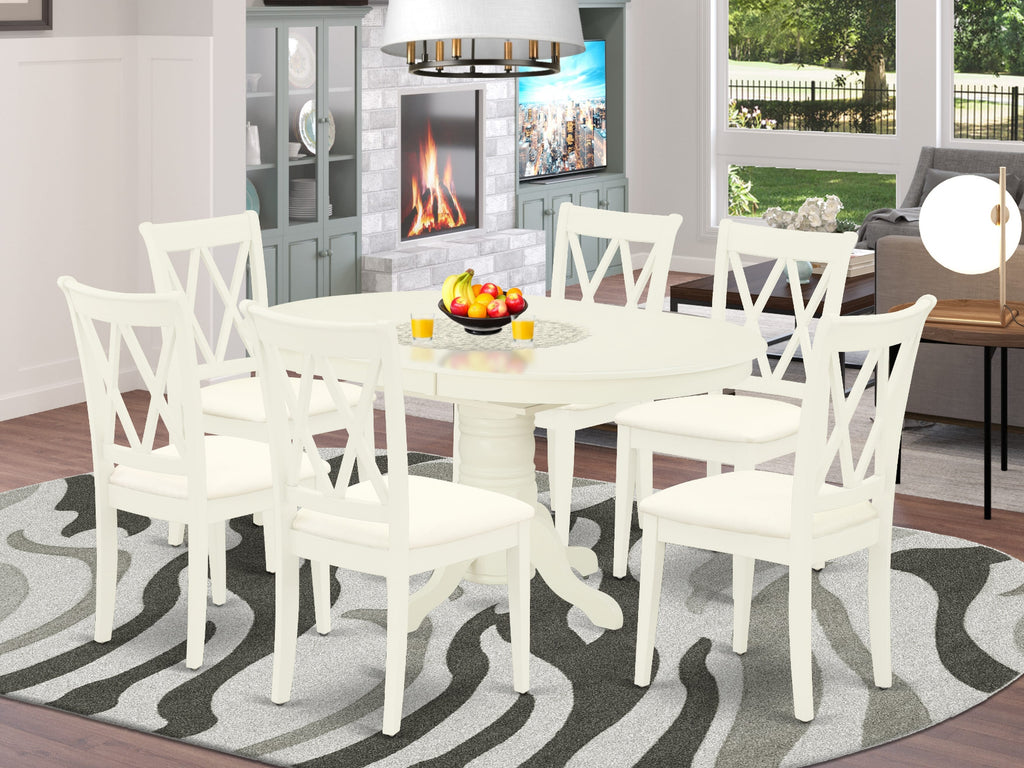 AVCL7-0U9-F Elegant 7-Piece Dining Ensemble Featuring Oval Table with Butterfly Extender and 6 Upholstered Chairs in Soft Linen White Finish