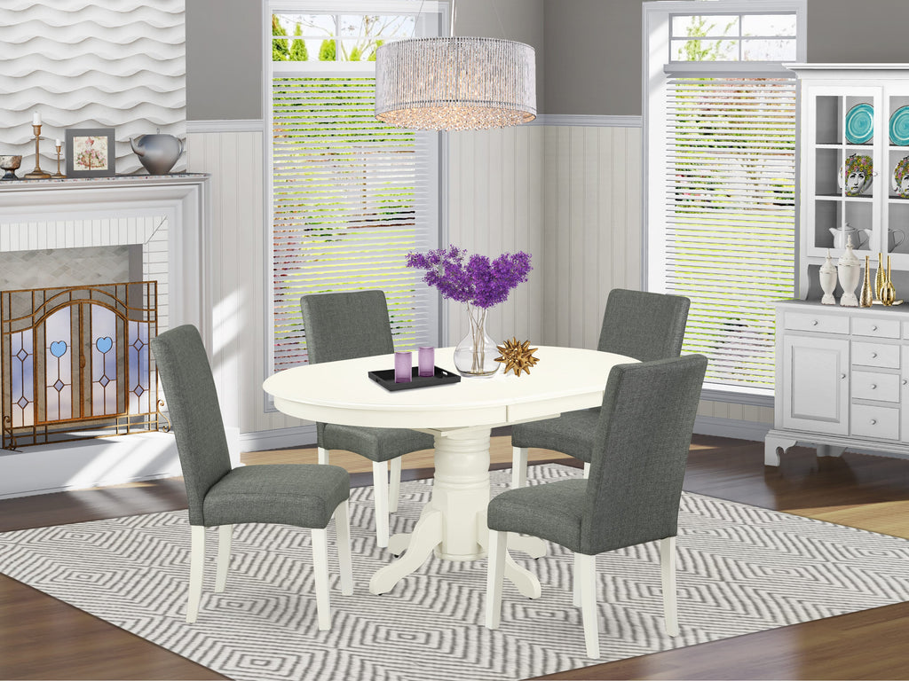 AVDR5-J6K-P2 5-Piece Dining Ensemble Oval Table with Butterfly Leaf & 4 Upholstered Chairs, Spacious 42x60 Design in Linen White