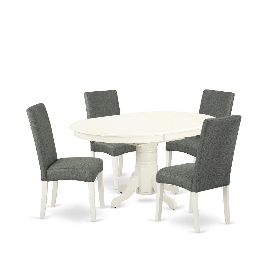 AVDR5-J6K-P2 5-Piece Dining Ensemble Oval Table with Butterfly Leaf & 4 Upholstered Chairs, Spacious 42x60 Design in Linen White