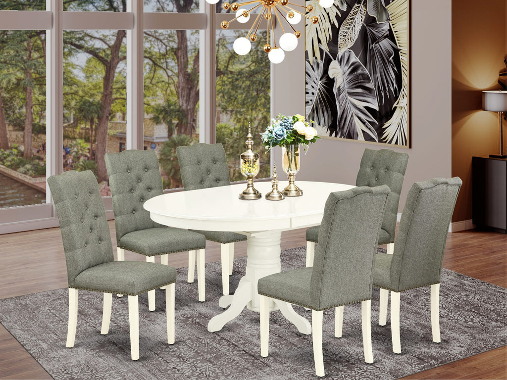 AVEL7-68V-KM 7-Piece Contemporary Oval Dining Set with Butterfly Extension and 6 Upholstered Chairs, Light White Finish
