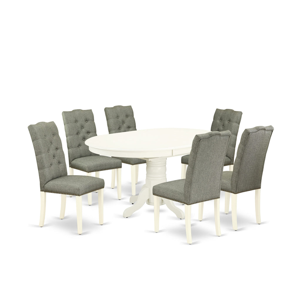 AVEL7-68V-KM 7-Piece Contemporary Oval Dining Set with Butterfly Extension and 6 Upholstered Chairs, Light White Finish