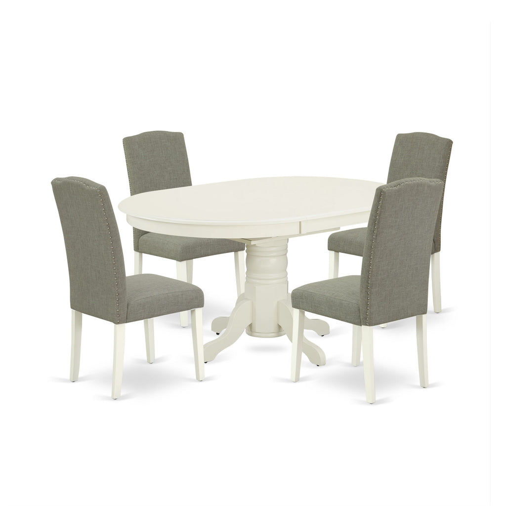 AVEN5-SLL-KZ 5-Piece Set Oval Table with Butterfly Leaf and 4 Parson Chairs in Dark Shitake Linen, 42x60 White