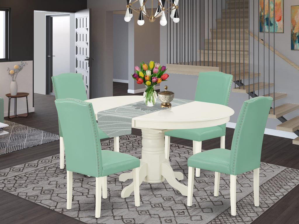 AVEN5-3KW-UQ Charming 5-Piece Oval Dining Set with Expandable Butterfly Table & 4 Faux Leather Seats, 42x60, Linen White Finish