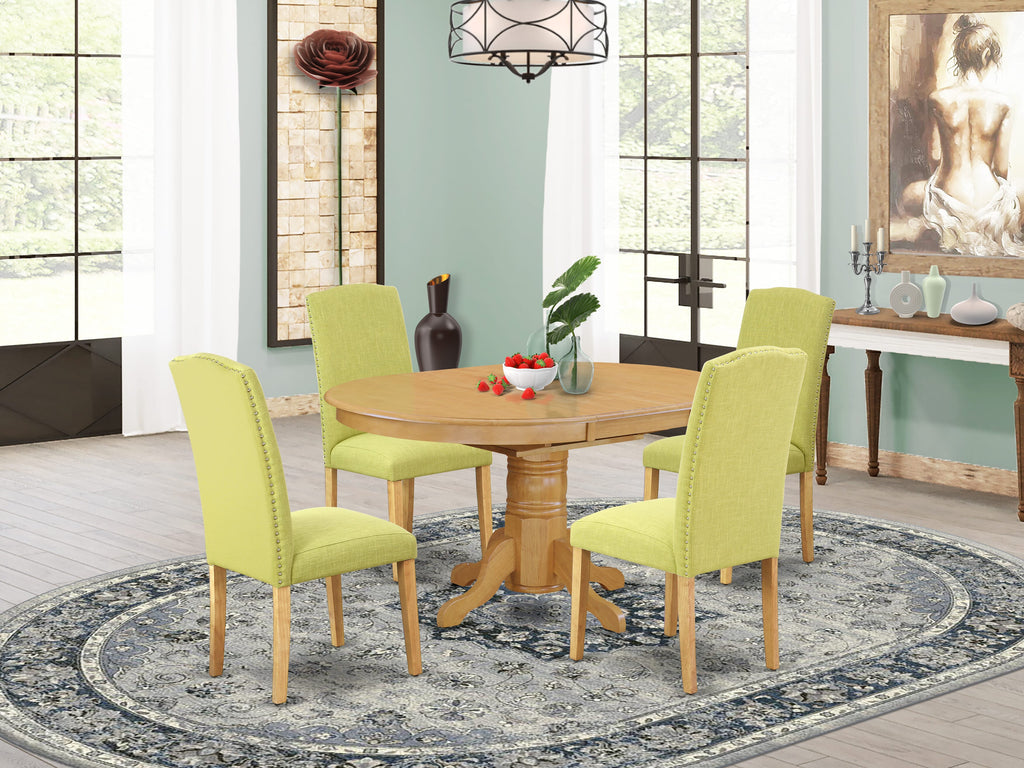 AVEN5-IM2-SZ 5-Piece Elegant Dining Ensemble Oval Table, Butterfly Leaf & 4 Linen Accent Chairs, 42x60, Oak Finish