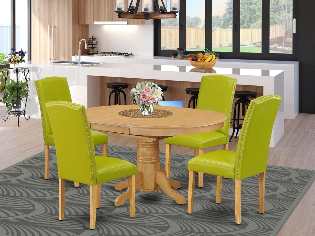 AVEN5-GQ8-PF 5-Piece Dining Ensemble with Oval Wood Table & Butterfly Leaf, 4 Green Faux Leather Chairs, 42x60 Oak Finish
