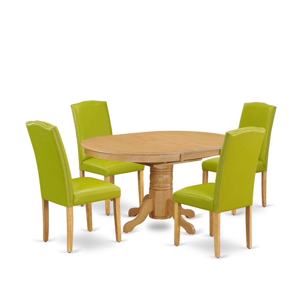 AVEN5-GQ8-PF 5-Piece Dining Ensemble with Oval Wood Table & Butterfly Leaf, 4 Green Faux Leather Chairs, 42x60 Oak Finish