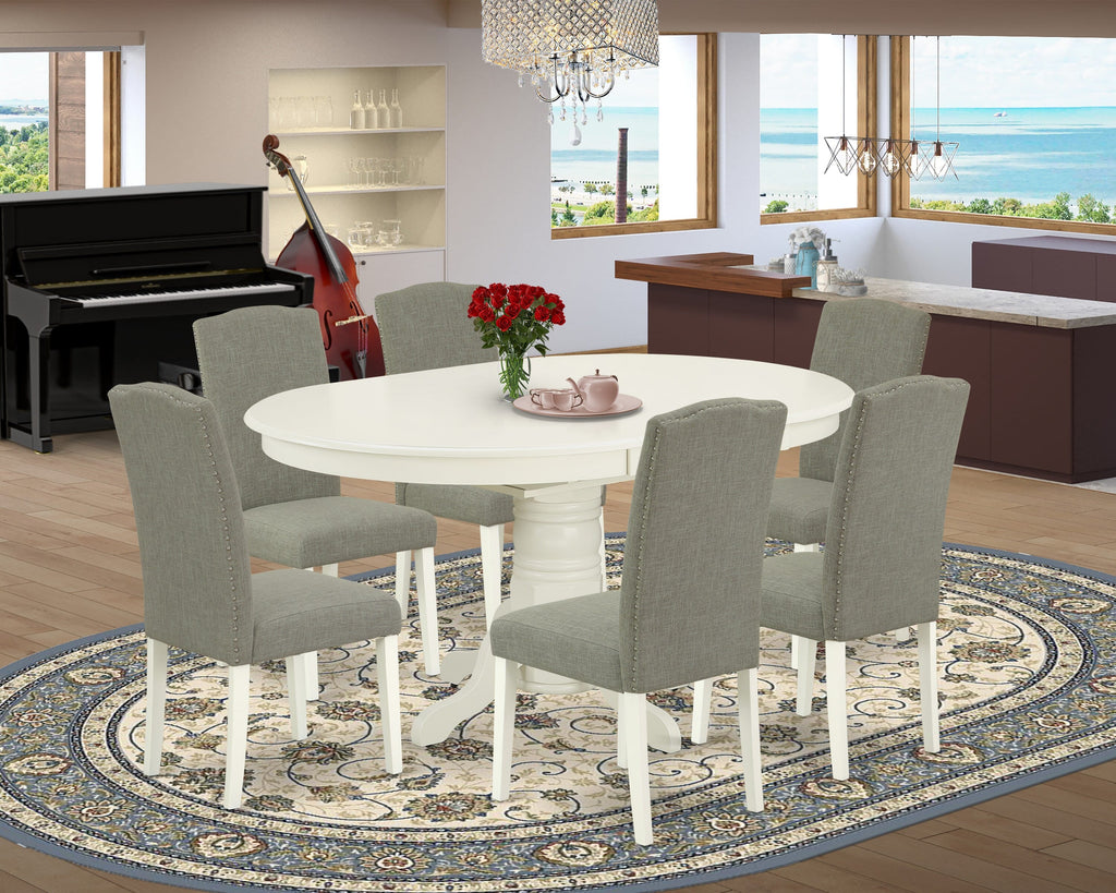 AVEN7-VFK-AG 7-Piece Dining Set with Leaf Table & 6 Shitake Chairs, Oval 42x60 White
