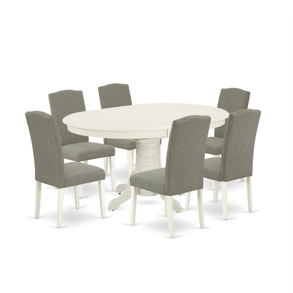 AVEN7-VFK-AG 7-Piece Dining Set with Leaf Table & 6 Shitake Chairs, Oval 42x60 White