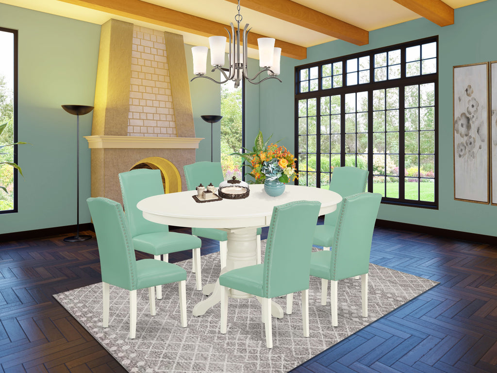 AVEN7-069-M4 7-Piece Dining Ensemble Features Oval Dining Table with Butterfly Leaf & Six Upholstered Pond Parsons Chairs, 42x60 Inch, Bright White Finish