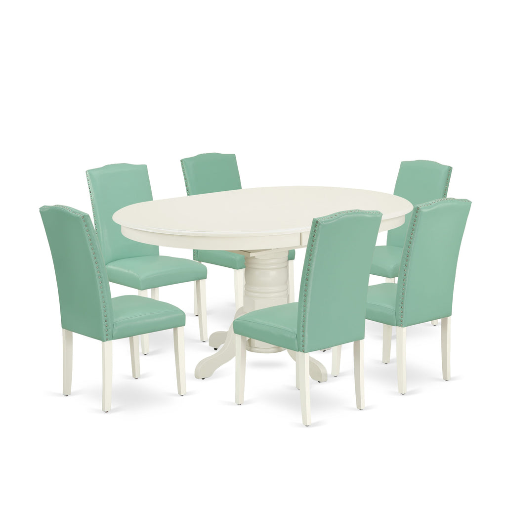 AVEN7-069-M4 7-Piece Dining Ensemble Features Oval Dining Table with Butterfly Leaf & Six Upholstered Pond Parsons Chairs, 42x60 Inch, Bright White Finish