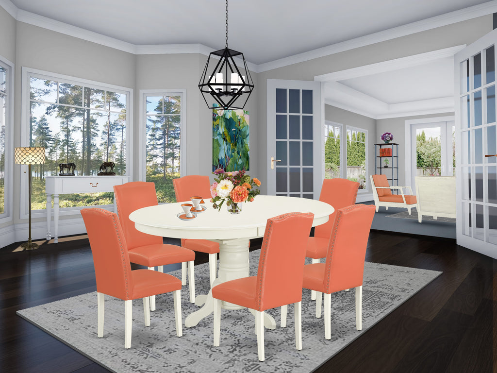 AVEN7-TKE-DM 7-Piece Dining Ensemble Oval Table with Butterfly Section and 6 Flamingo-Themed Faux Leather Chairs, 42x60 Linen White Edition
