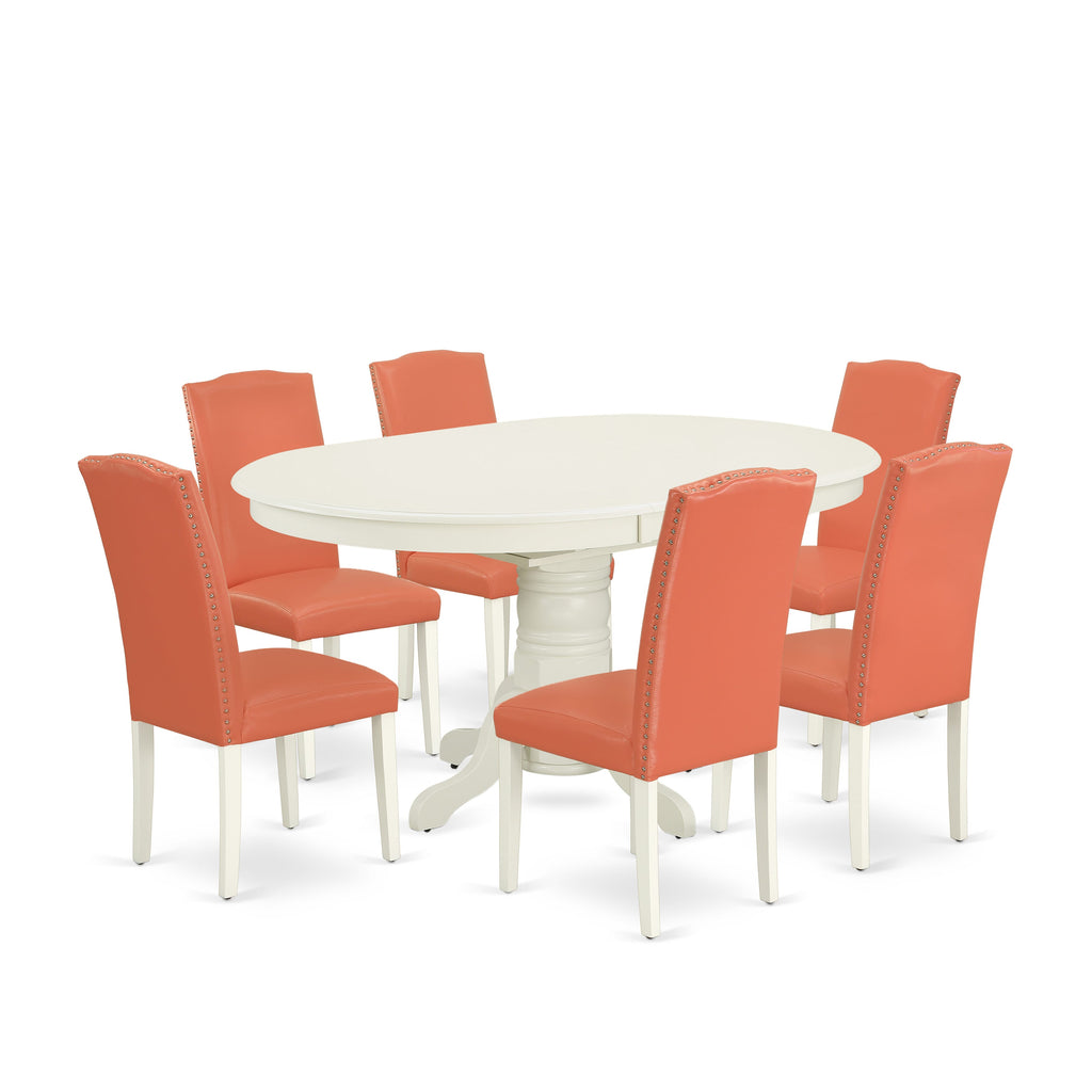 AVEN7-TKE-DM 7-Piece Dining Ensemble Oval Table with Butterfly Section and 6 Flamingo-Themed Faux Leather Chairs, 42x60 Linen White Edition