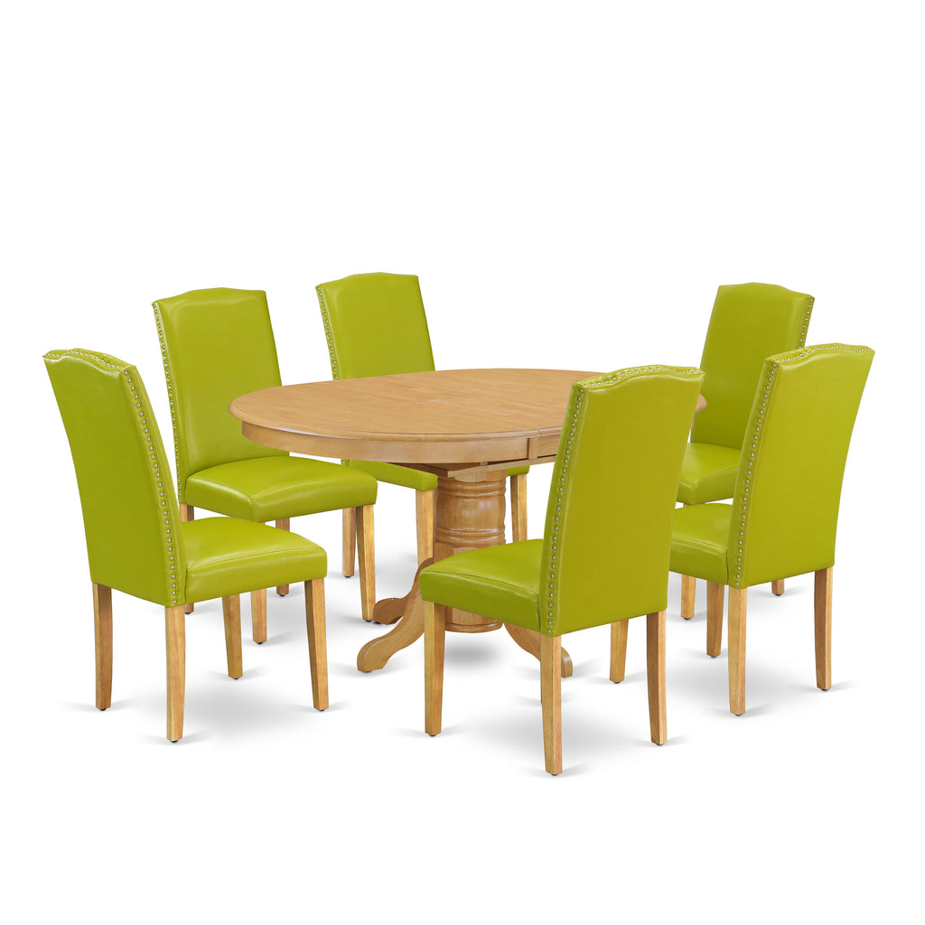 7-Piece Dining Set AVEN7-ULK-HH Oval Table with Leaf, 6 Green Upholstered Chairs