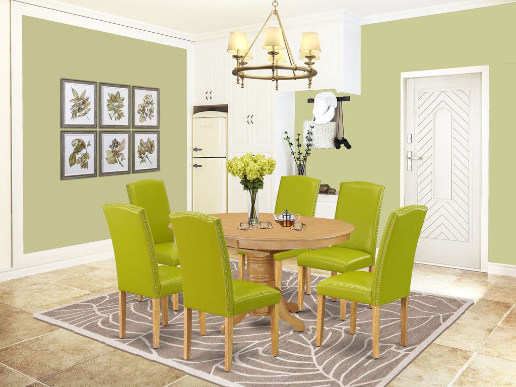 7-Piece Dining Set AVEN7-ULK-HH Oval Table with Leaf, 6 Green Upholstered Chairs