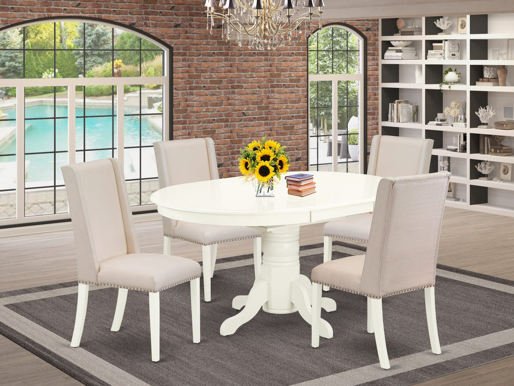 AVFL5-NJ0-23 5-Piece Dining Ensemble with Oval Expandable Table and Cream Parson Chairs, 42x60 Inch, White Linen Finish