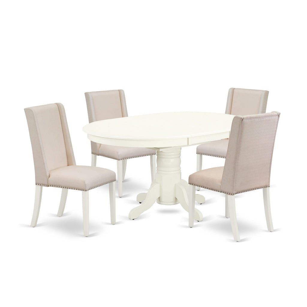 AVFL5-NJ0-23 5-Piece Dining Ensemble with Oval Expandable Table and Cream Parson Chairs, 42x60 Inch, White Linen Finish