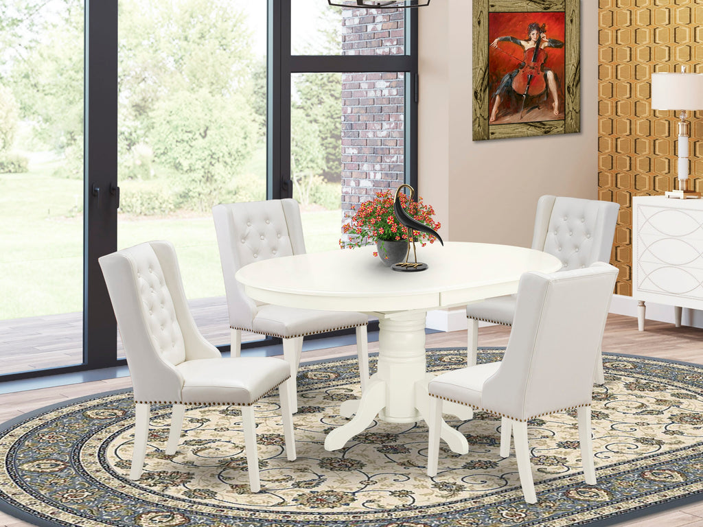 AVFO5-T9S-O7 Dining Ensemble with Oval Extendable Table & 4 Upholstered Chairs, Light Grey, Linen Finish, 5 Pieces