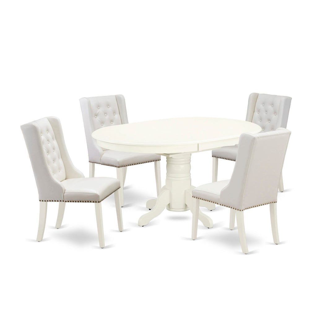 AVFO5-T9S-O7 Dining Ensemble with Oval Extendable Table & 4 Upholstered Chairs, Light Grey, Linen Finish, 5 Pieces