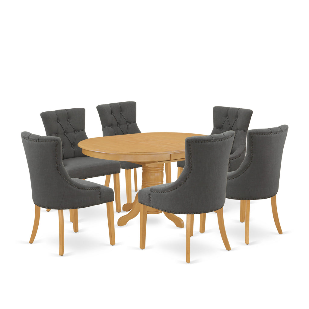 AVFR7-WDU-JJ Elegant 7-Piece Oval Dining Set with Extendable Leaf and Dark Upholstered Chairs for Sophisticated Dining Areas