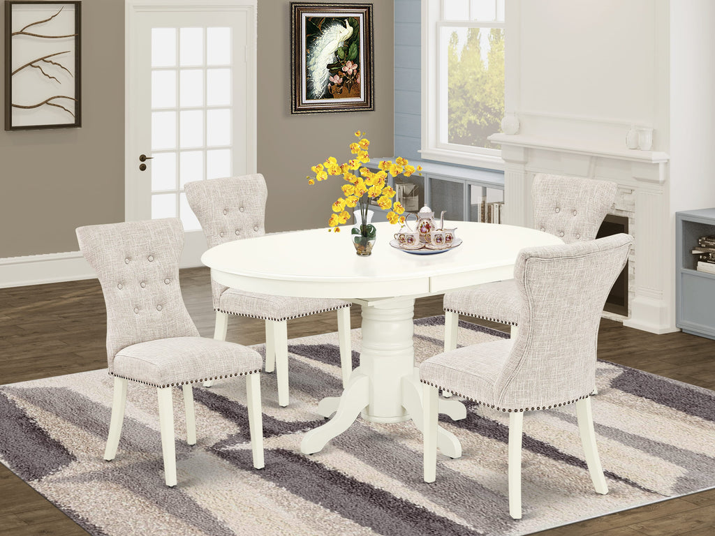 AVGA5-JPA-GD Perfect Dining Set with Butterfly Extension and Upholstered Chairs for 4, 42x60 Inch, Light Linen Finish
