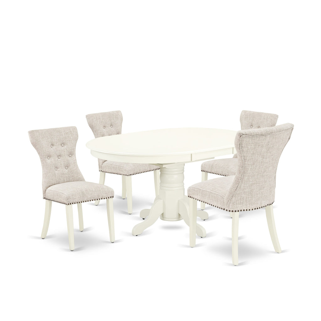 AVGA5-JPA-GD Perfect Dining Set with Butterfly Extension and Upholstered Chairs for 4, 42x60 Inch, Light Linen Finish
