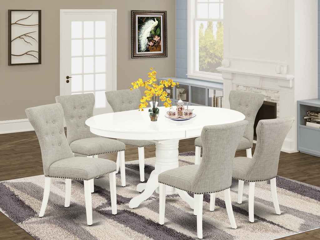 AVGA7-I7J-VY 7-Piece Dining Ensemble Featuring an Oval Wood Table & Butterfly Extension with 6 Doeskin Upholstered Chairs, 42x60 Inch, Light Linen White