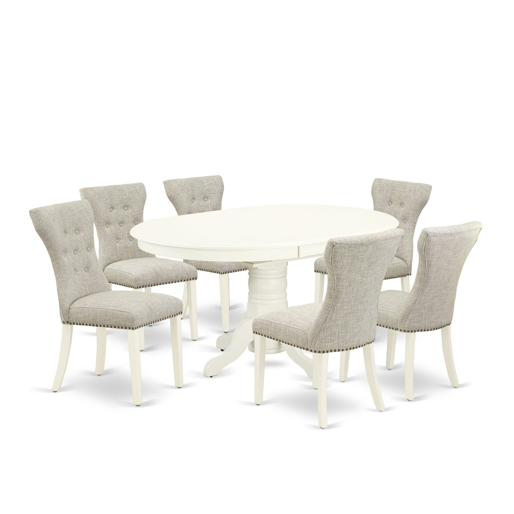 AVGA7-I7J-VY 7-Piece Dining Ensemble Featuring an Oval Wood Table & Butterfly Extension with 6 Doeskin Upholstered Chairs, 42x60 Inch, Light Linen White