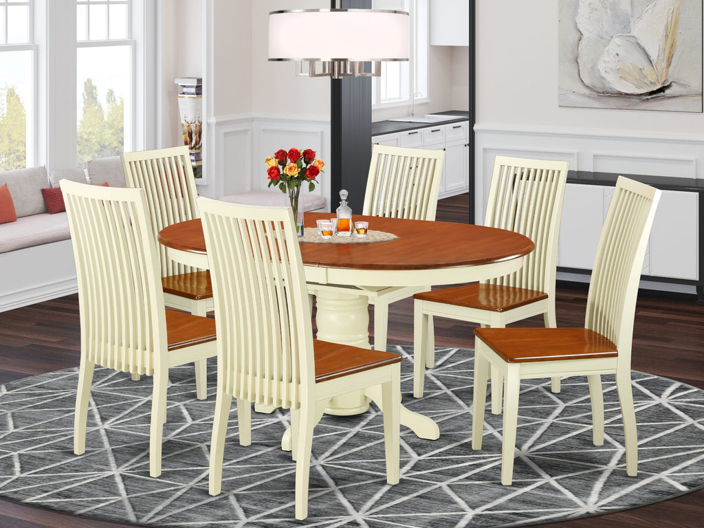 AVIP7-6FQ-Y Oval Dining Set with Butterfly Leaf and 6 Sturdy Chairs, 42x60 Inch, Dual Tone Design