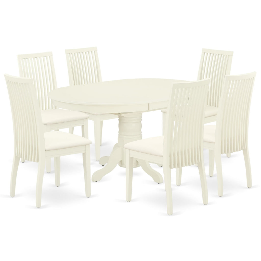 AVIP7-8T9-4 7-Piece Dining Ensemble with Oval Table and Butterfly Leaf, 6 Linen Upholstered Chairs, 42x60 In, White