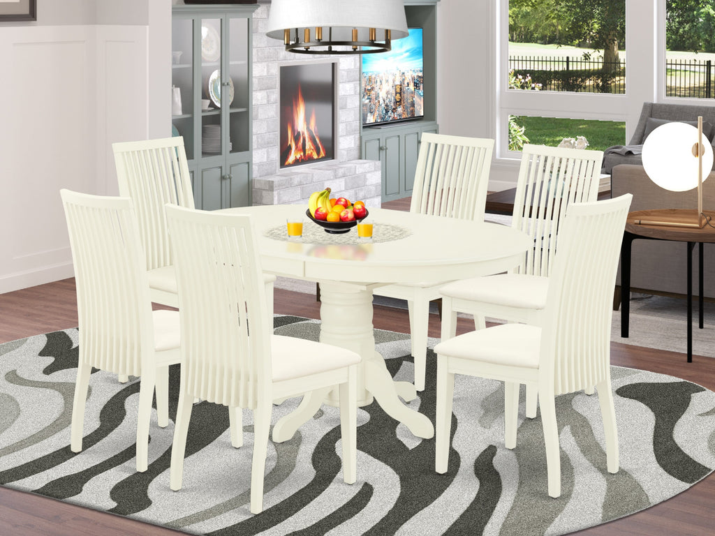 AVIP7-8T9-4 7-Piece Dining Ensemble with Oval Table and Butterfly Leaf, 6 Linen Upholstered Chairs, 42x60 In, White