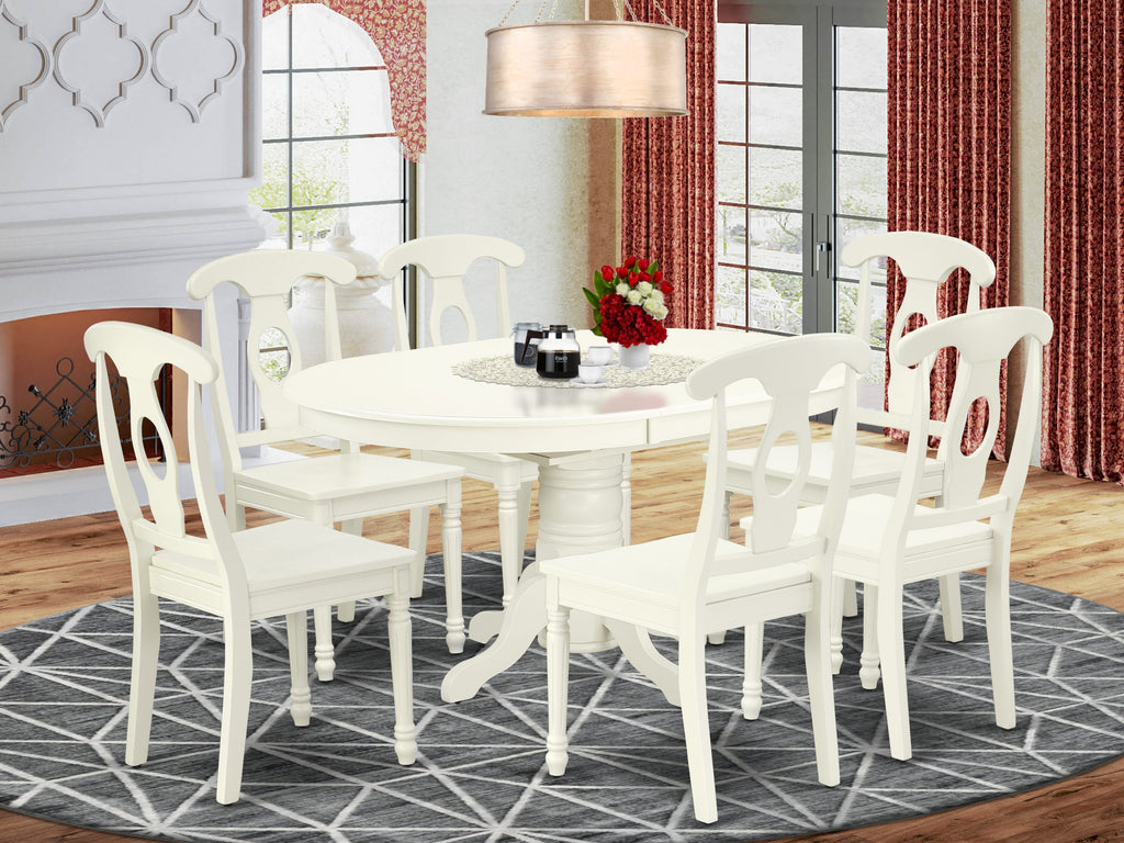 AVKE7-PPI-R 7 Piece Oval Dining Set with Butterfly Leaf & 6 Wooden Chairs, Linen White Finish