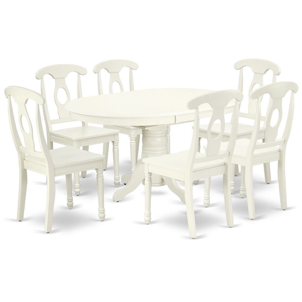 AVKE7-PPI-R 7 Piece Oval Dining Set with Butterfly Leaf & 6 Wooden Chairs, Linen White Finish