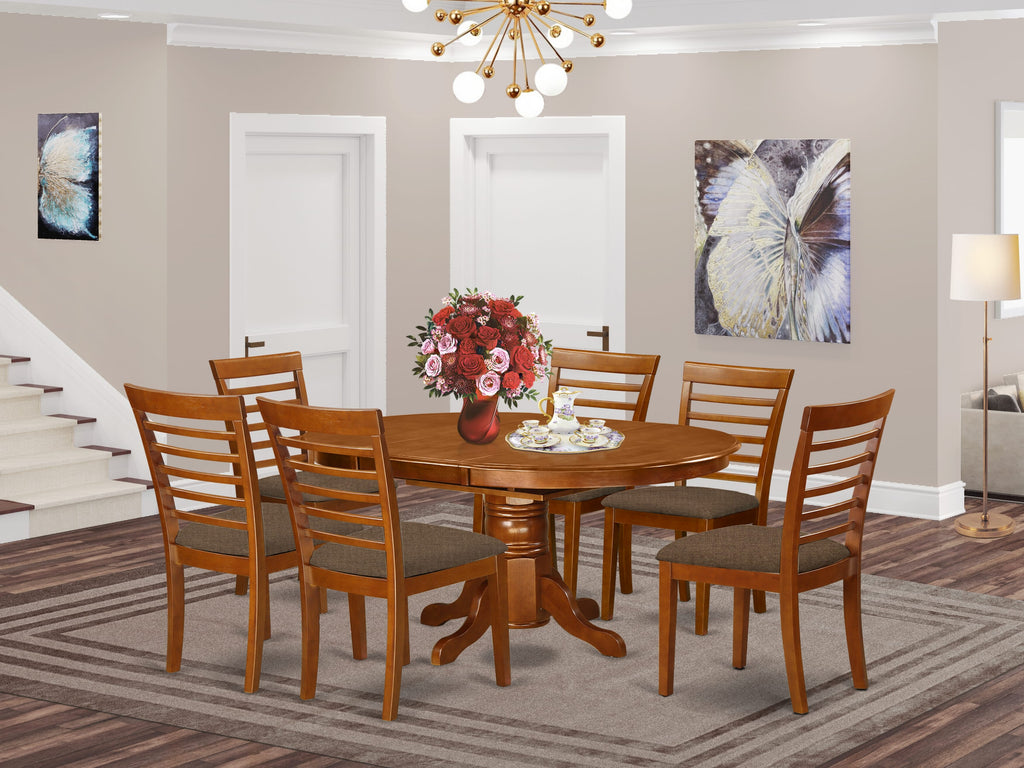 AVML7-SUL-R Elegant 7-Piece Dining Ensemble with Oval Butterfly Table & 6 Cushioned Chairs, Saddle Brown Finish