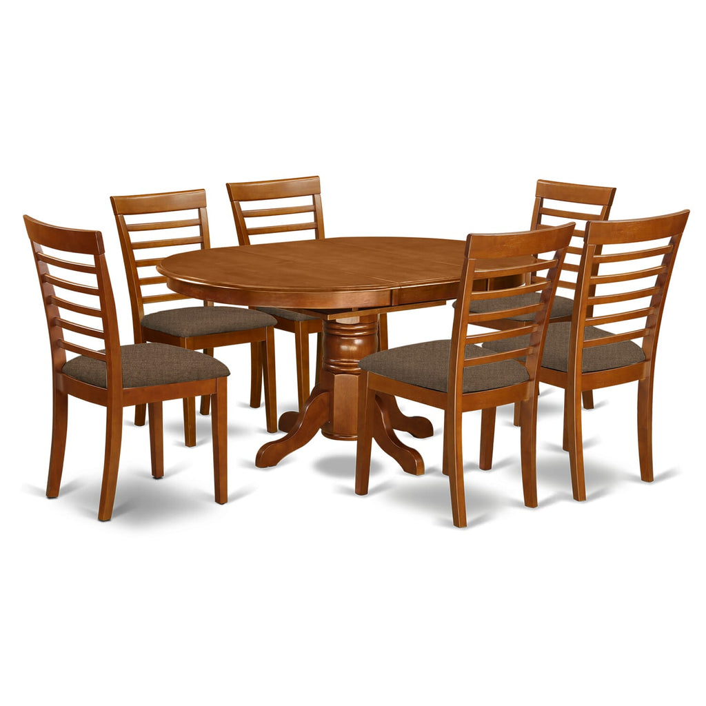 AVML7-SUL-R Elegant 7-Piece Dining Ensemble with Oval Butterfly Table & 6 Cushioned Chairs, Saddle Brown Finish