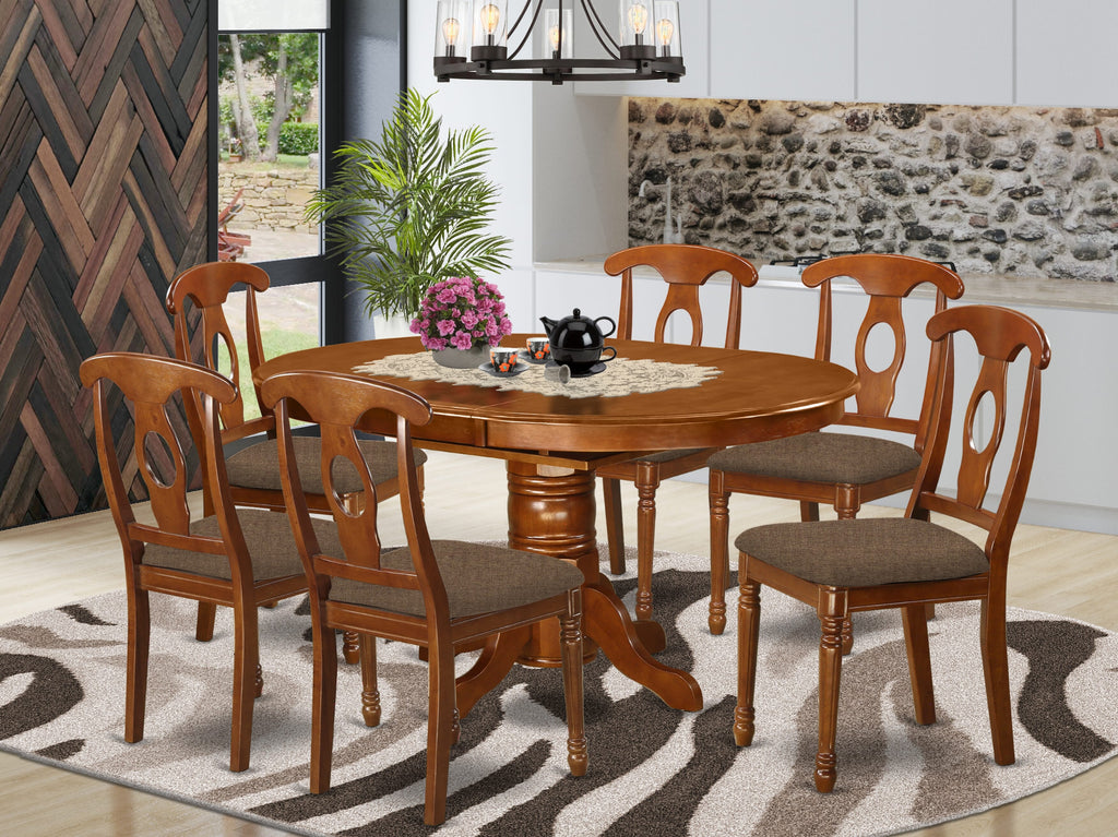 AVNA7-1JE-K 7-Piece Dining Set Stylish Oval Table with Butterfly Leaf, Linen Upholstered Chairs, Saddle Brown Finish