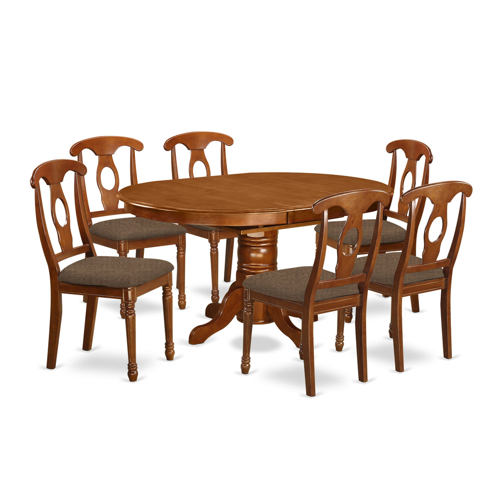 AVNA7-1JE-K 7-Piece Dining Set Stylish Oval Table with Butterfly Leaf, Linen Upholstered Chairs, Saddle Brown Finish
