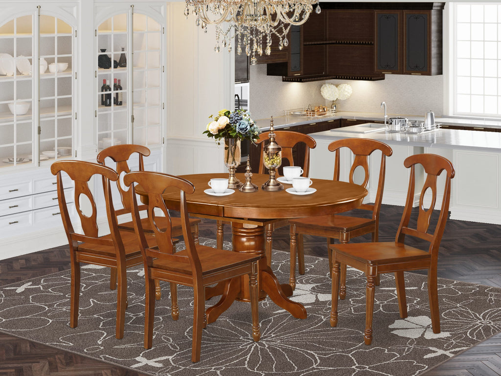 AVNA7-BKB-U Oval Dining Ensemble 7-Piece Set with Extension Leaf Table & Chairs, Warm Saddle Brown