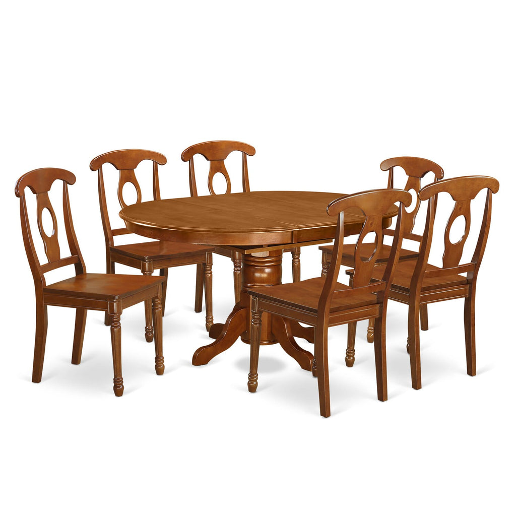 AVNA7-BKB-U Oval Dining Ensemble 7-Piece Set with Extension Leaf Table & Chairs, Warm Saddle Brown