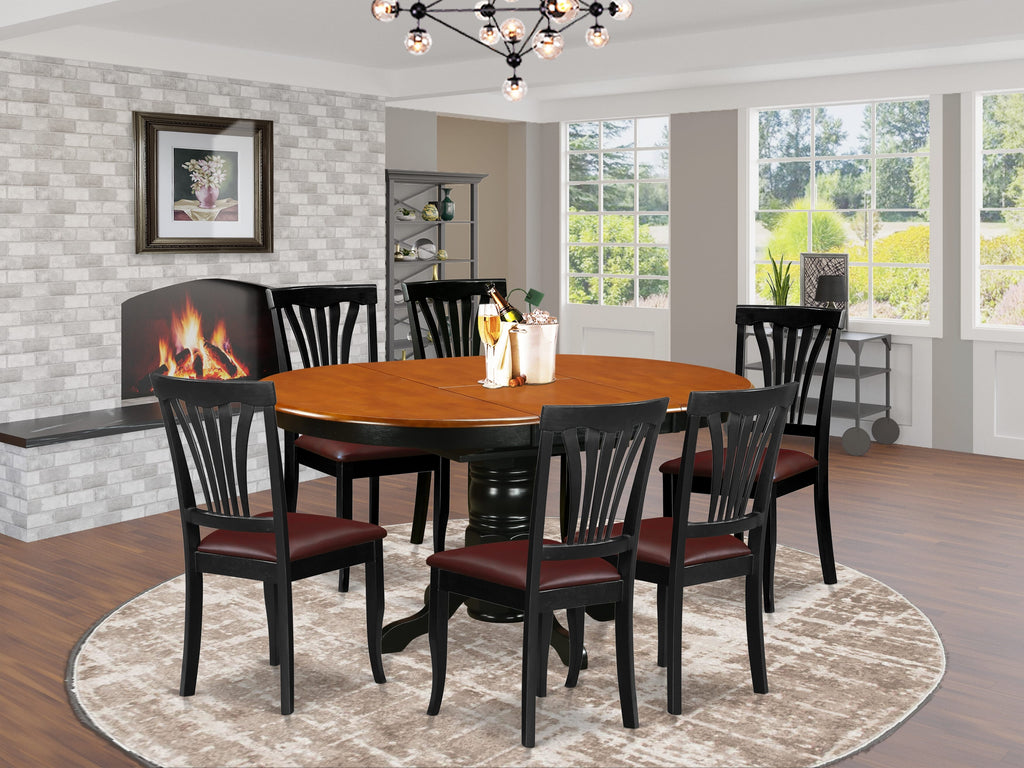 AVON7-KRH-LD 7-Piece Oval Dining Ensemble with Butterfly Extendable Table and 6 Faux Leather Chairs, 42x60 Black & Cherry