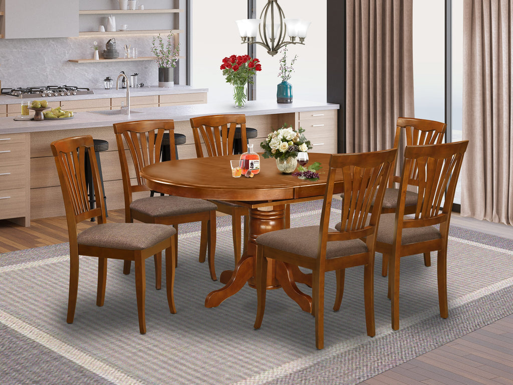 AVON7-FE1-K Stylish 7-Piece Kitchen Set Oval Table with Butterfly Leaf & 6 Upholstered Chairs, Saddle Brown