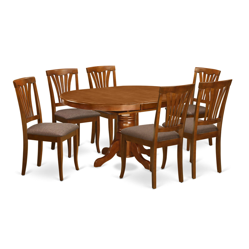 AVON7-FE1-K Stylish 7-Piece Kitchen Set Oval Table with Butterfly Leaf & 6 Upholstered Chairs, Saddle Brown