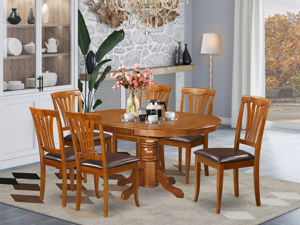 AVON7-M0D-HT 7-Piece Dining Ensemble with Expanding Wooden Table & Faux Leather Chairs in Saddle Shade